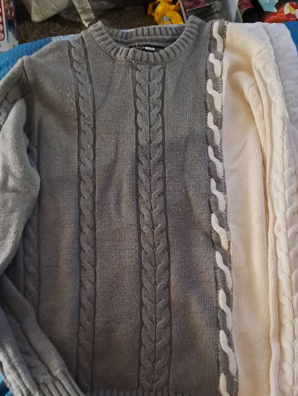 Fashion Nova Grey and Cream Cable Knit Crewneck Sweater